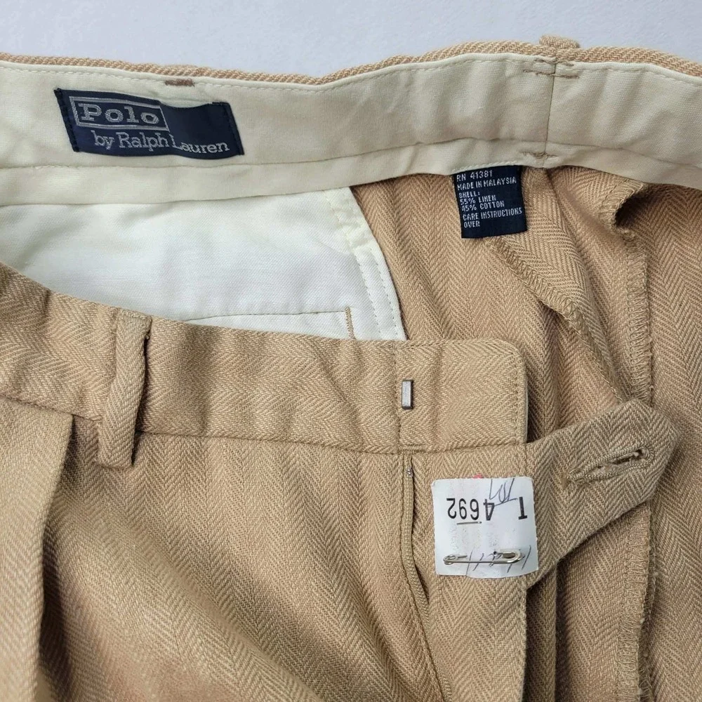 Polo Ralph Lauren Pants Men 36x32 (Fits) Herringbone Pleated Cuffed Linen Cotton